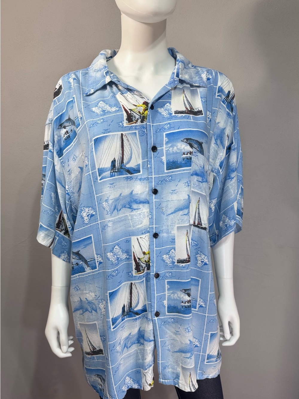 Men's 3X/Big Light Blue Nautical Print Short-Sleeve Shirt